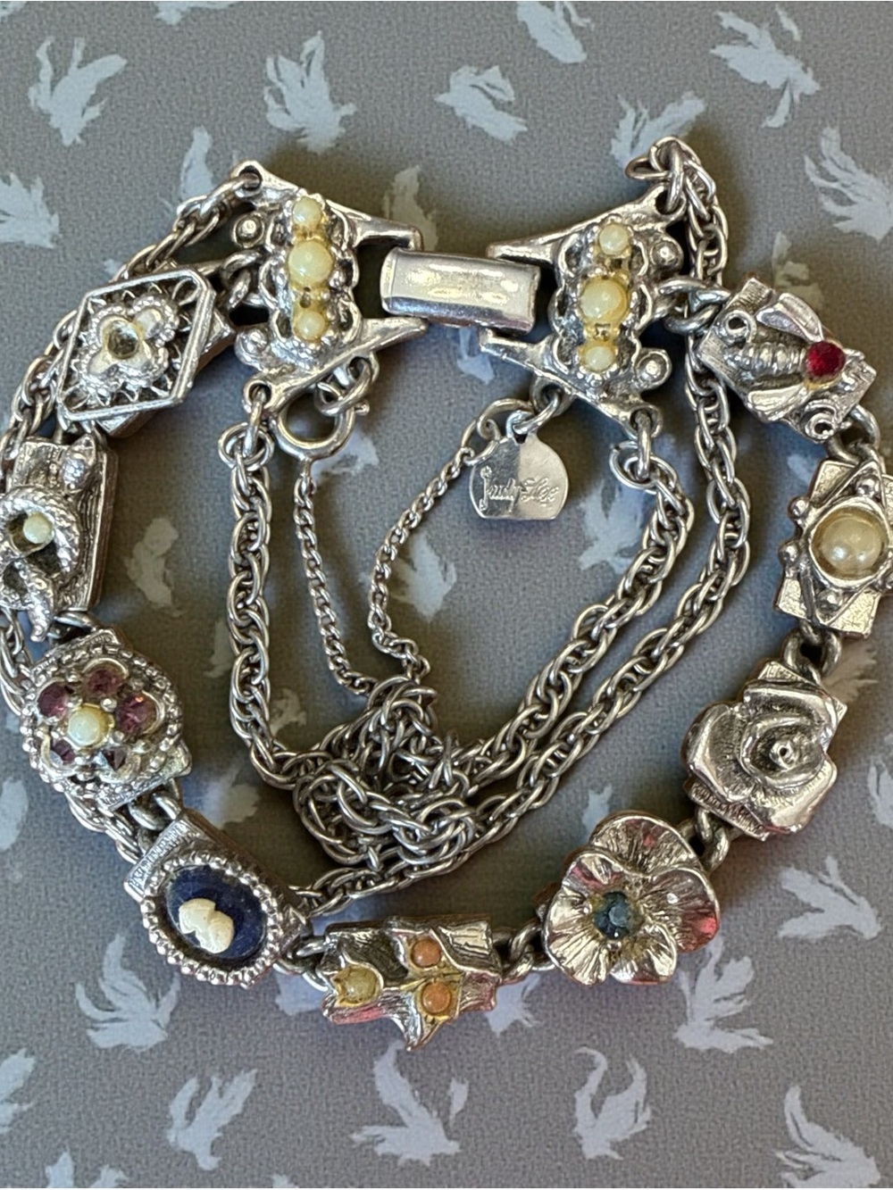Judy Lee Vintage 1950s Silver Tone Victorian Revival Slide Charm Bracelet